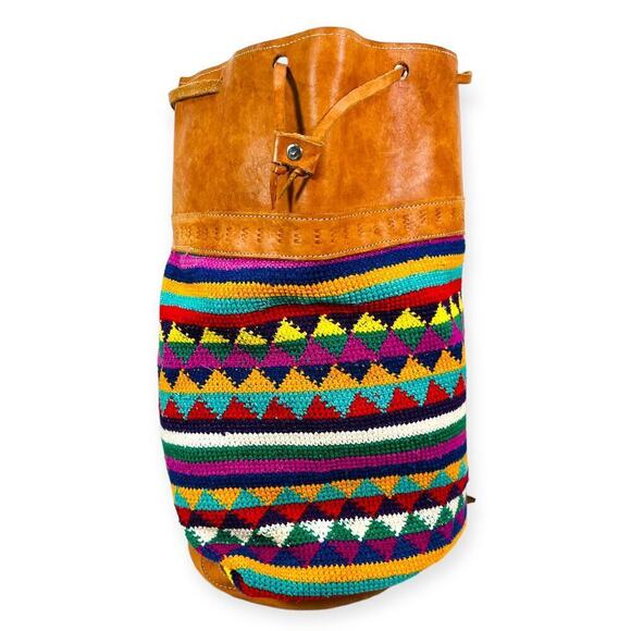 Vintage 90s Traditional Ethnic Leather Knit Drawstring Bucket Bag Multi Unisex - Picture 5 of 10